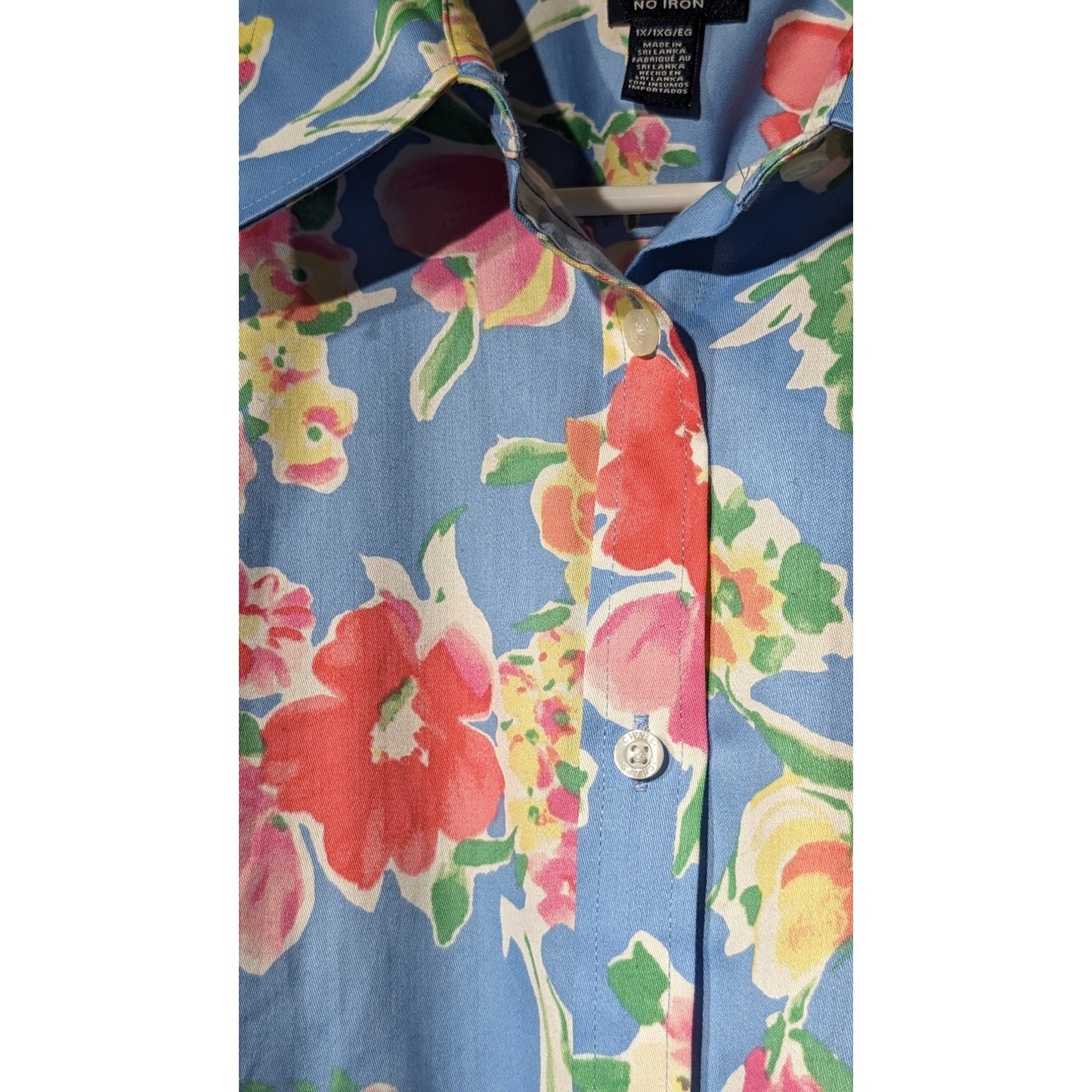 CHAPS No Iron 3/4 Sleeve Button Up Blue Floral Blouse NWOT Womens Sz 1X