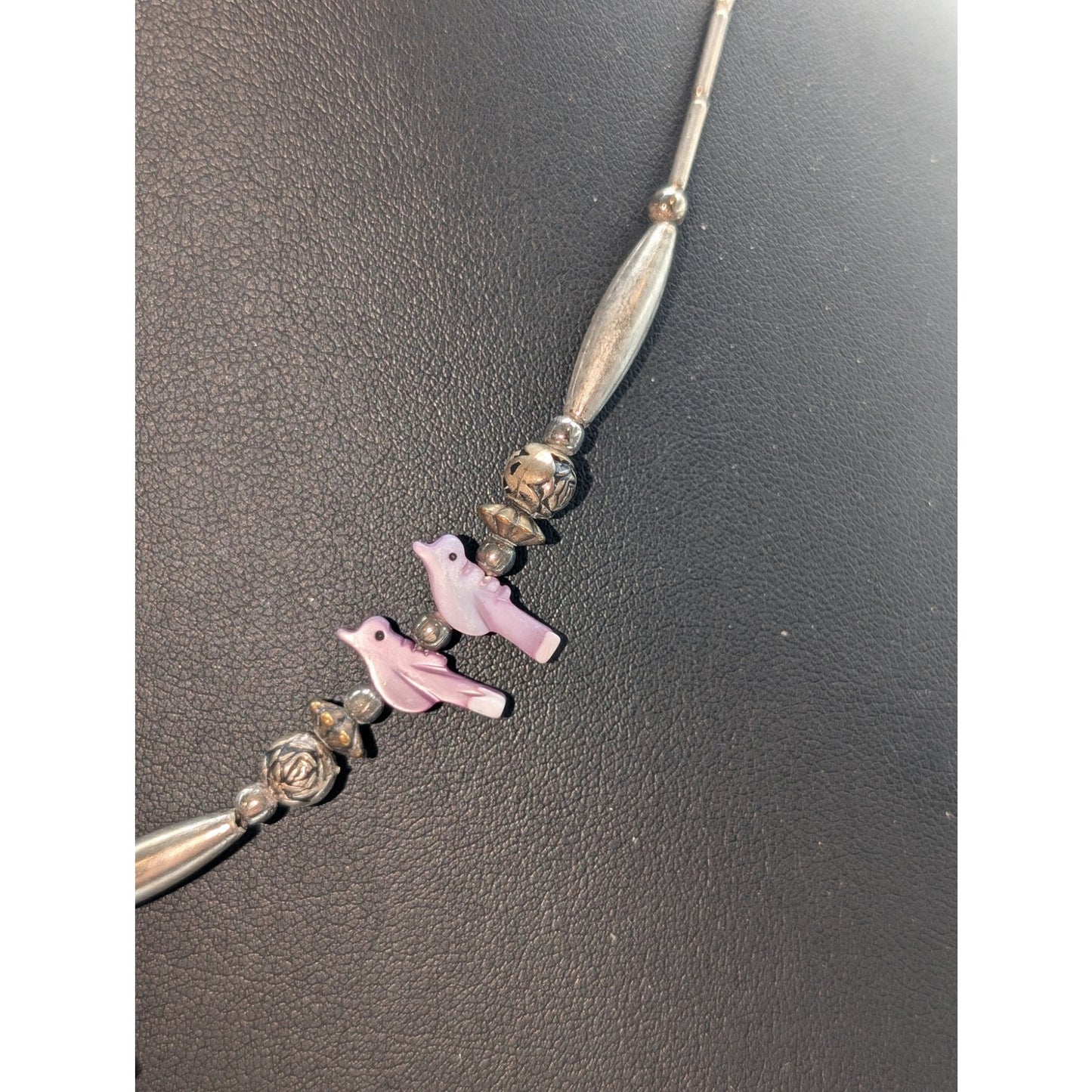 Vintage Liquid Silver Pink Shell Butterfly & Bird Barrel Clasp 18" Necklace