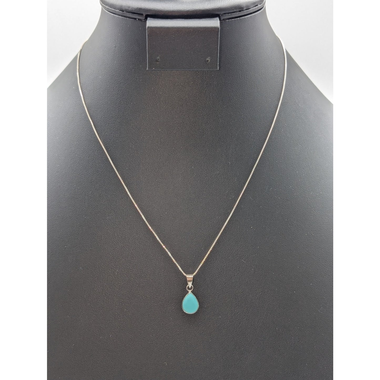 Vintage 925 Sterling Silver Turquoise Teardrop Pendant Box Chain 18" Necklace
