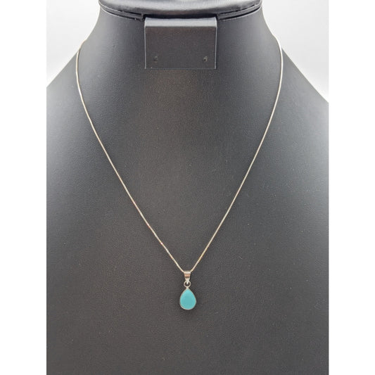 Vintage 925 Sterling Silver Turquoise Teardrop Pendant Box Chain 18" Necklace