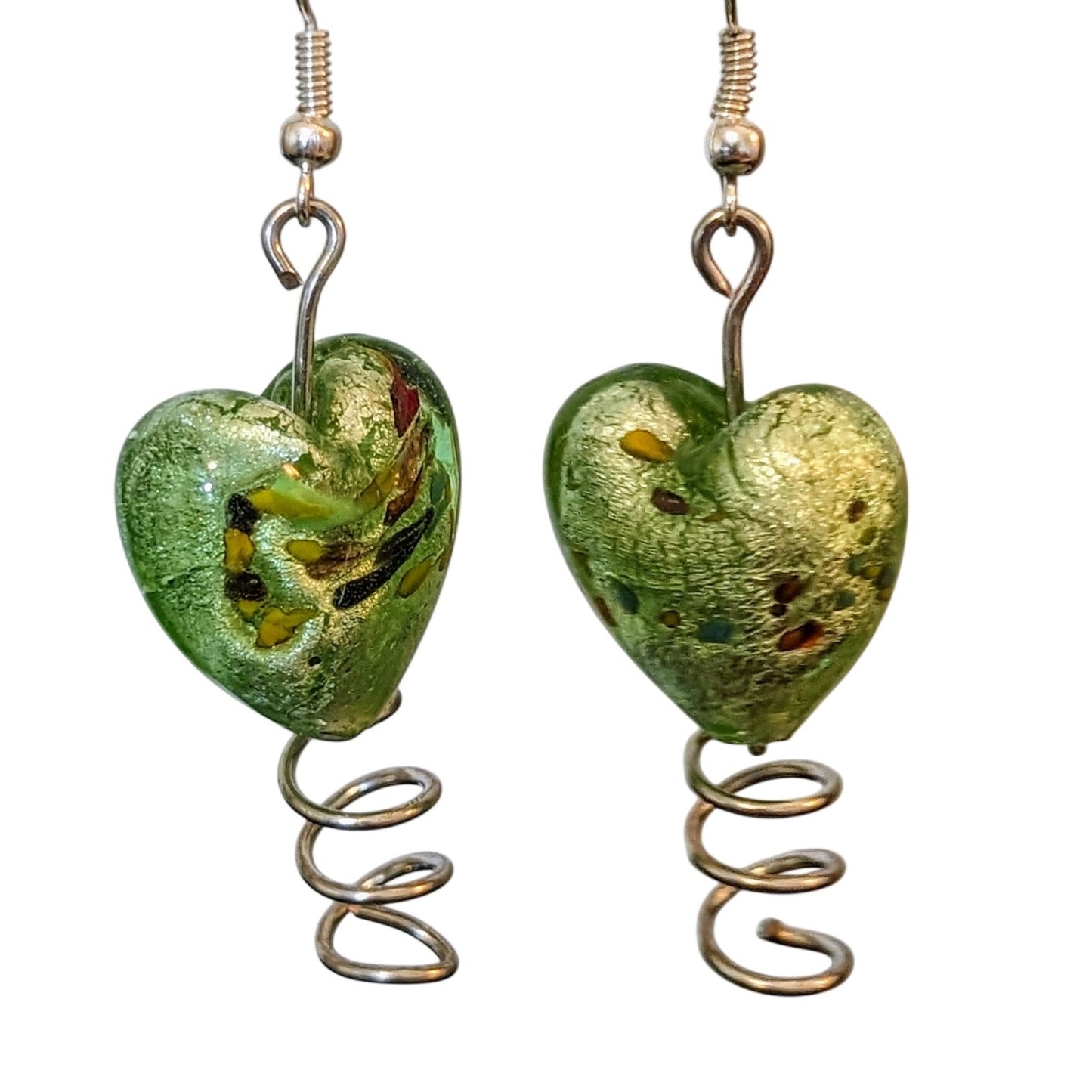 Green Foil Glass Gold Flecked Heart Bead Dangle Earrings