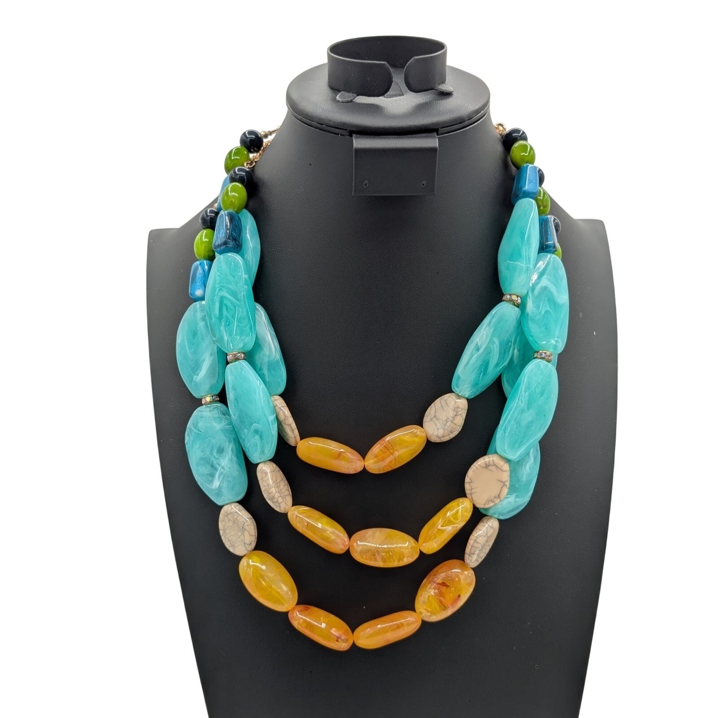 Large Chunky Spring Colors Lucite Three Strand Statement Necklace