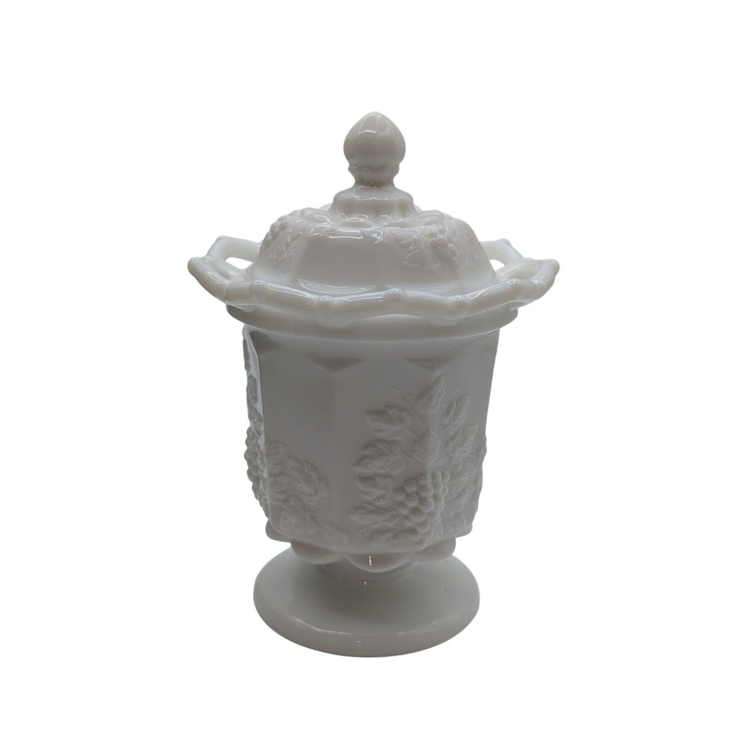 Vtg Westmoreland Milk Glass Grape Design Open Lace Lidded Top Decorative  Jar