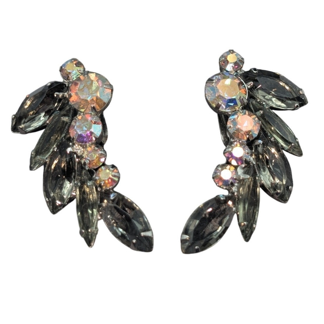 VTG Julianna Smoky Gray Marquis & Round Aurora Borealis Rhinestone Clip Earrings