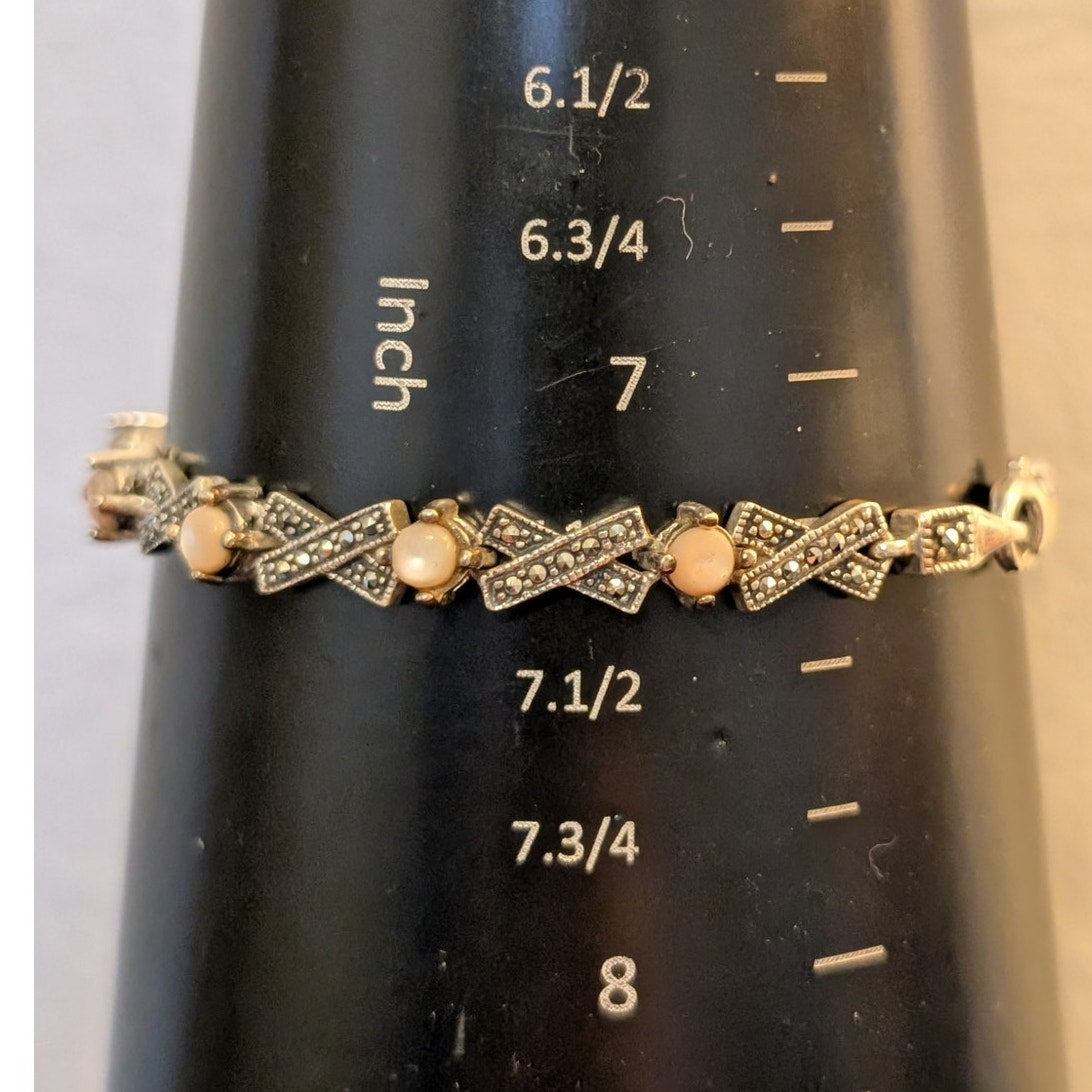 VTG 925 Sterling Silver Pink Moonstone Marcasite X & O Chain Link Bracelet