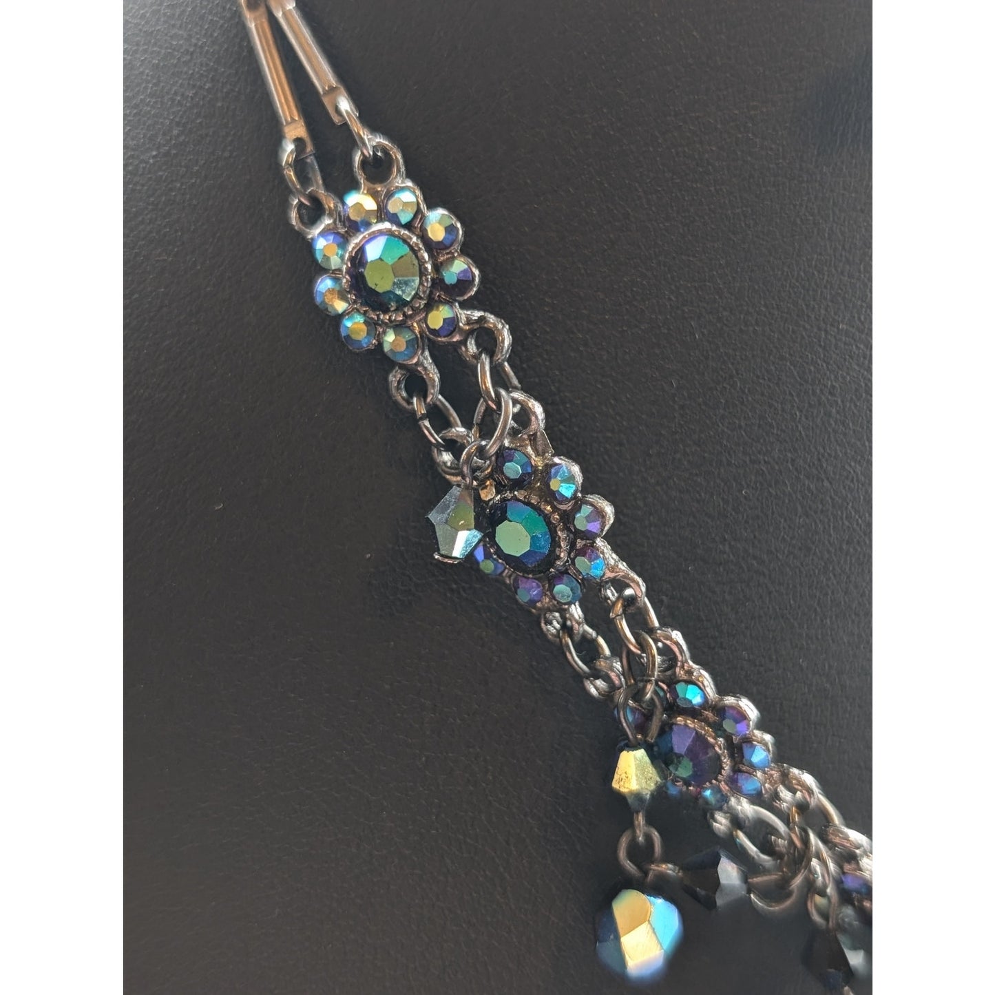 Dark Blue AB Crystal Gun Metal 11"-15.5" Necklace and Lever Back Earring Set
