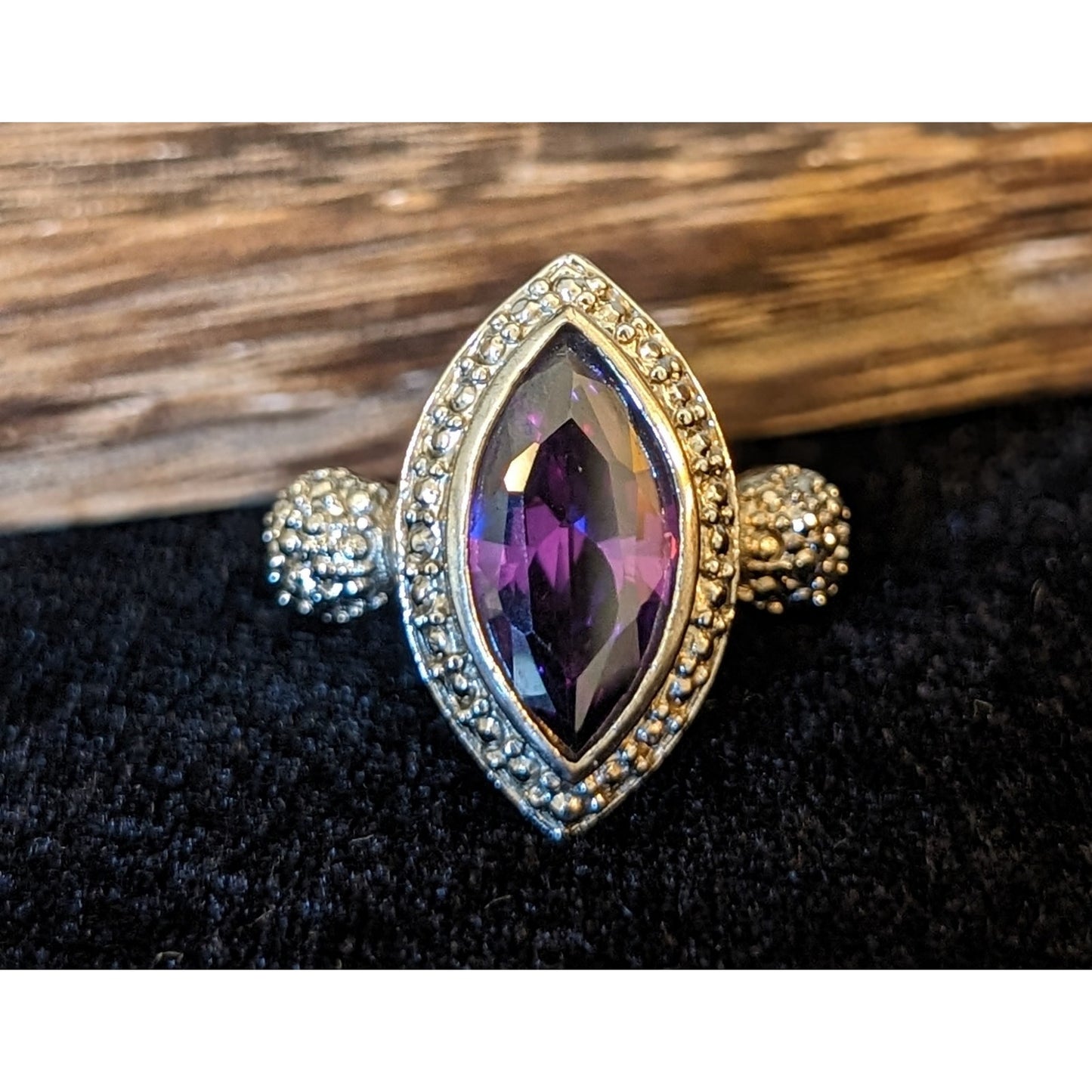 Purple Marquis Cut Glass Silver Tone Unmarked Ring Size 8.25