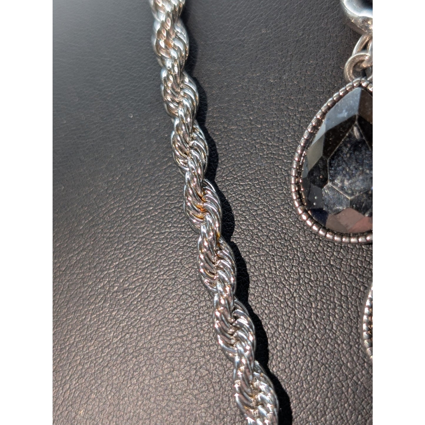 Lot of Two Silver Tone Rope Chain & Rhinestone Teardrop Dangle Necklaces