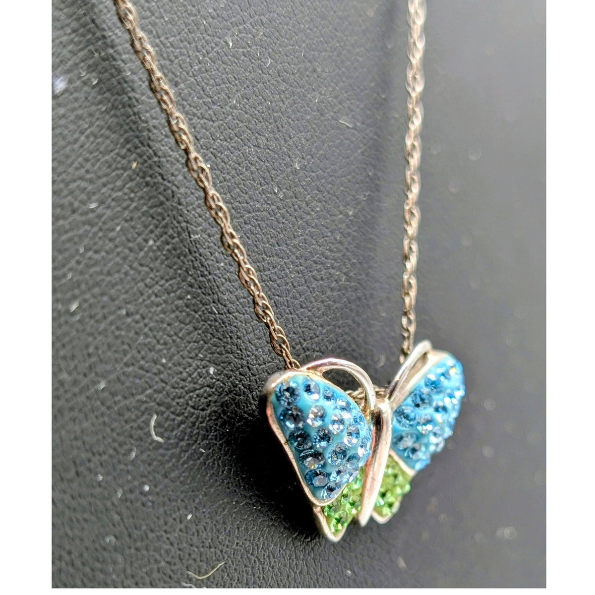 Sterling Silver Blue Green Crystal Butterfly Pendant Vintage Chain 21" Necklace