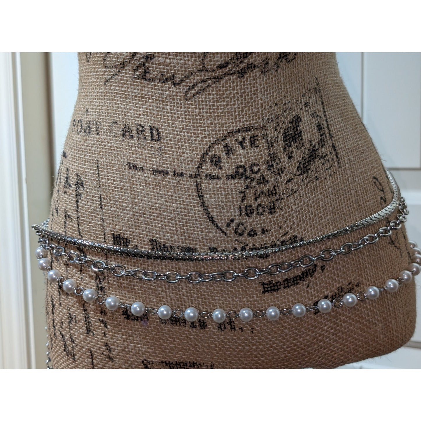 Vintage Silver Tone Three Strand Faux Pearl & Chain Link Belt 34"-45"