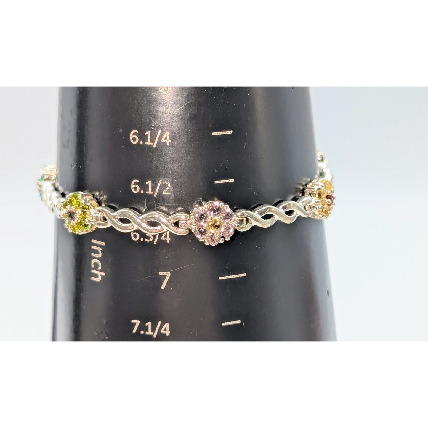 925 Sterling Multi-Color Crystal Flower Cross Over Chain Link Tennis Bracelet
