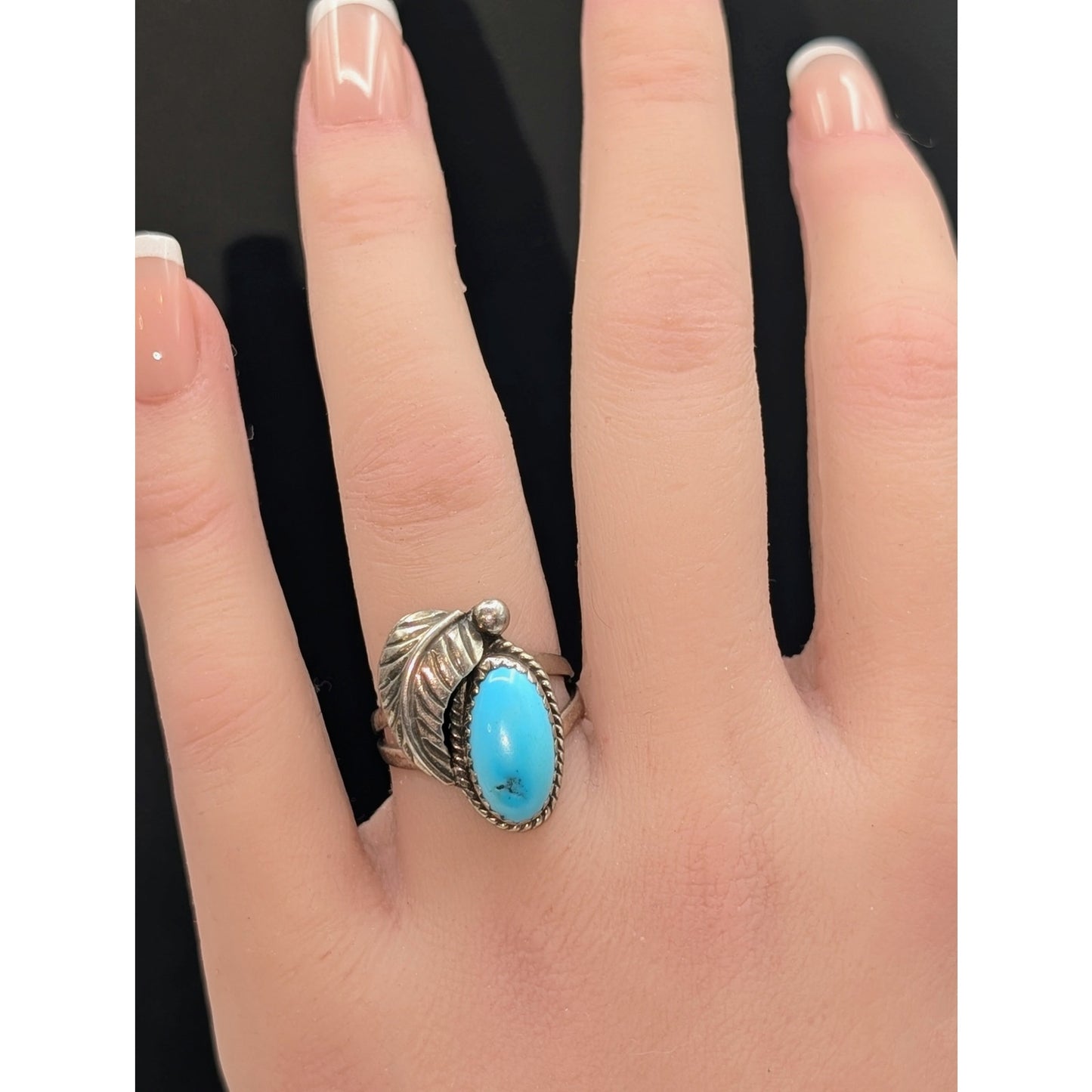 Vtg 925 Sterling Silver Southwestern Turquoise Feather Split Shank Ring Size 6.5