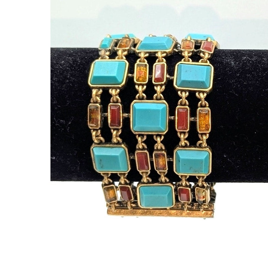 Lucky Brand Wide Magnetic Gold Tone Faux Turquoise Stone Multi-Strand Bracelet