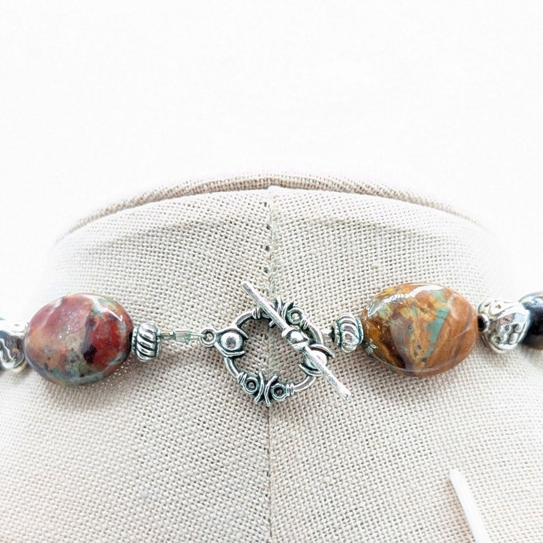 Silver Tone Jasper & Tiger's Eye Carved Resin & Carved Stone Pendant Necklace