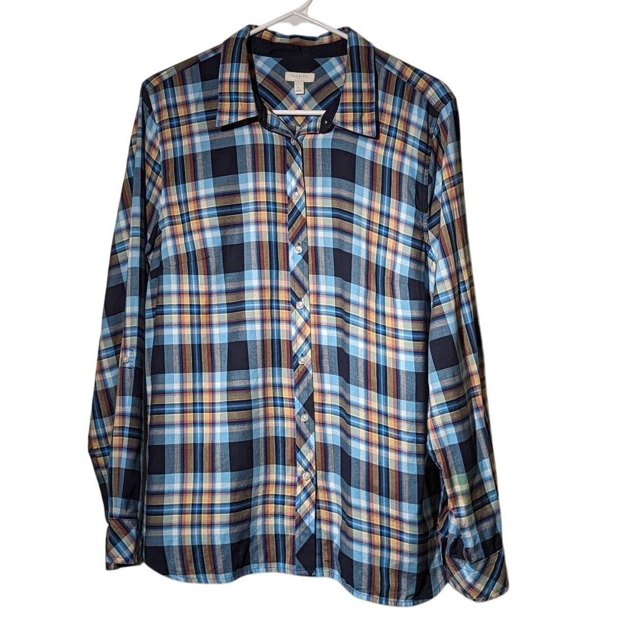 Talbot's Cotton Blue Plaid Button Up Roll Tab Sleeve Shirt Women's Size L