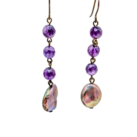Vtg Faceted Amethyst Bead & Multi-Color Freshwater Coin Pearl Dangle Earrings