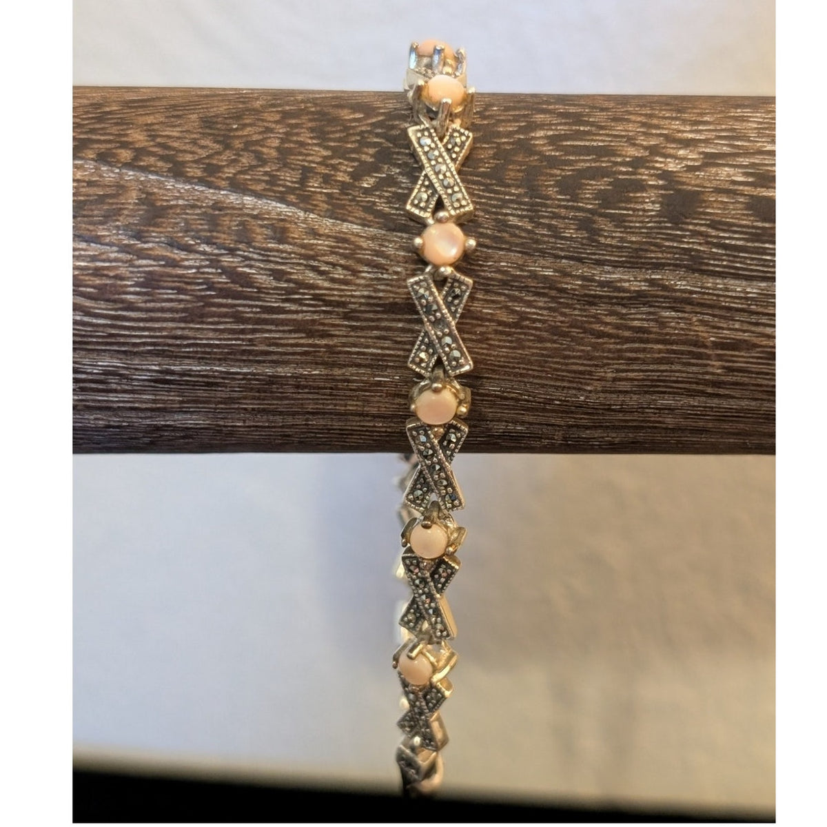 VTG 925 Sterling Silver Pink Moonstone Marcasite X & O Chain Link Bracelet