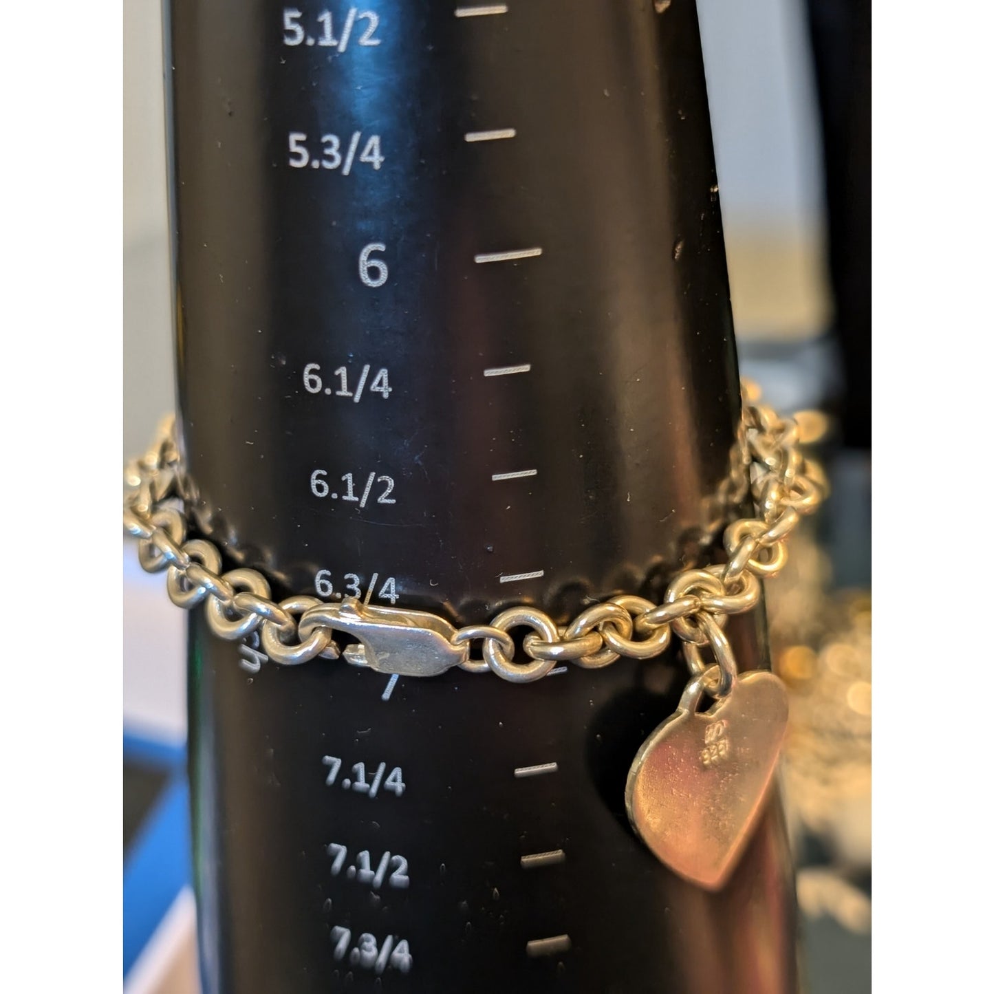925 Sterling Silver Rolo Chain Link Heart Charm 7.5" Bracelet