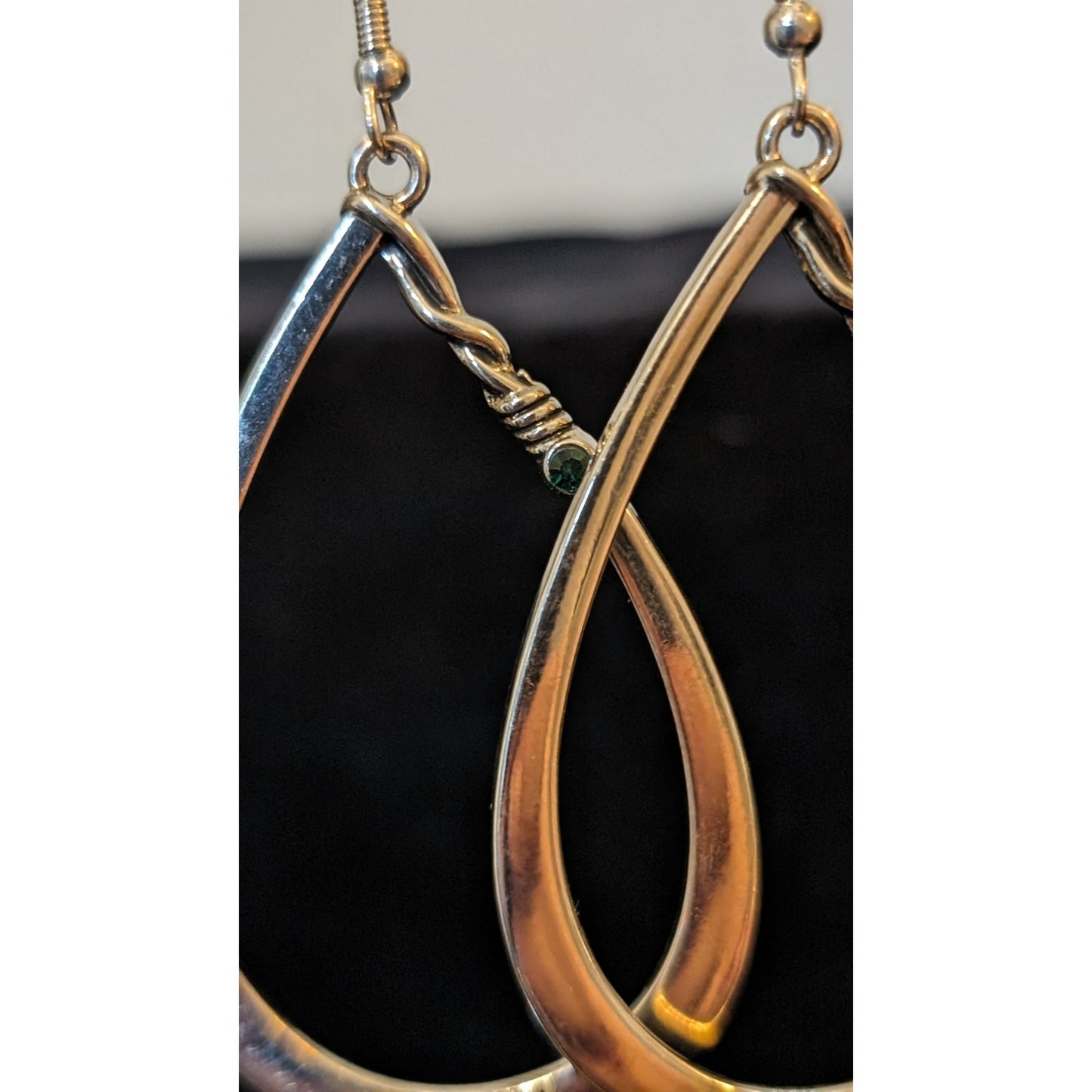 Silver Tone Teardrop 2.25" Dangle Green Crystal Earrings