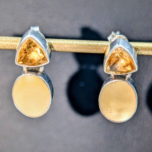 Vtg 925 Sterling Silver Citrine & Yellow Mother of Pearl Drop Pierced Earrings