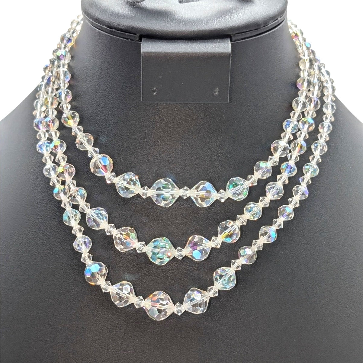 Vtg Graduated Three Strand Czech Faceted Clear & AB Crystal 13"-15.5" Necklace