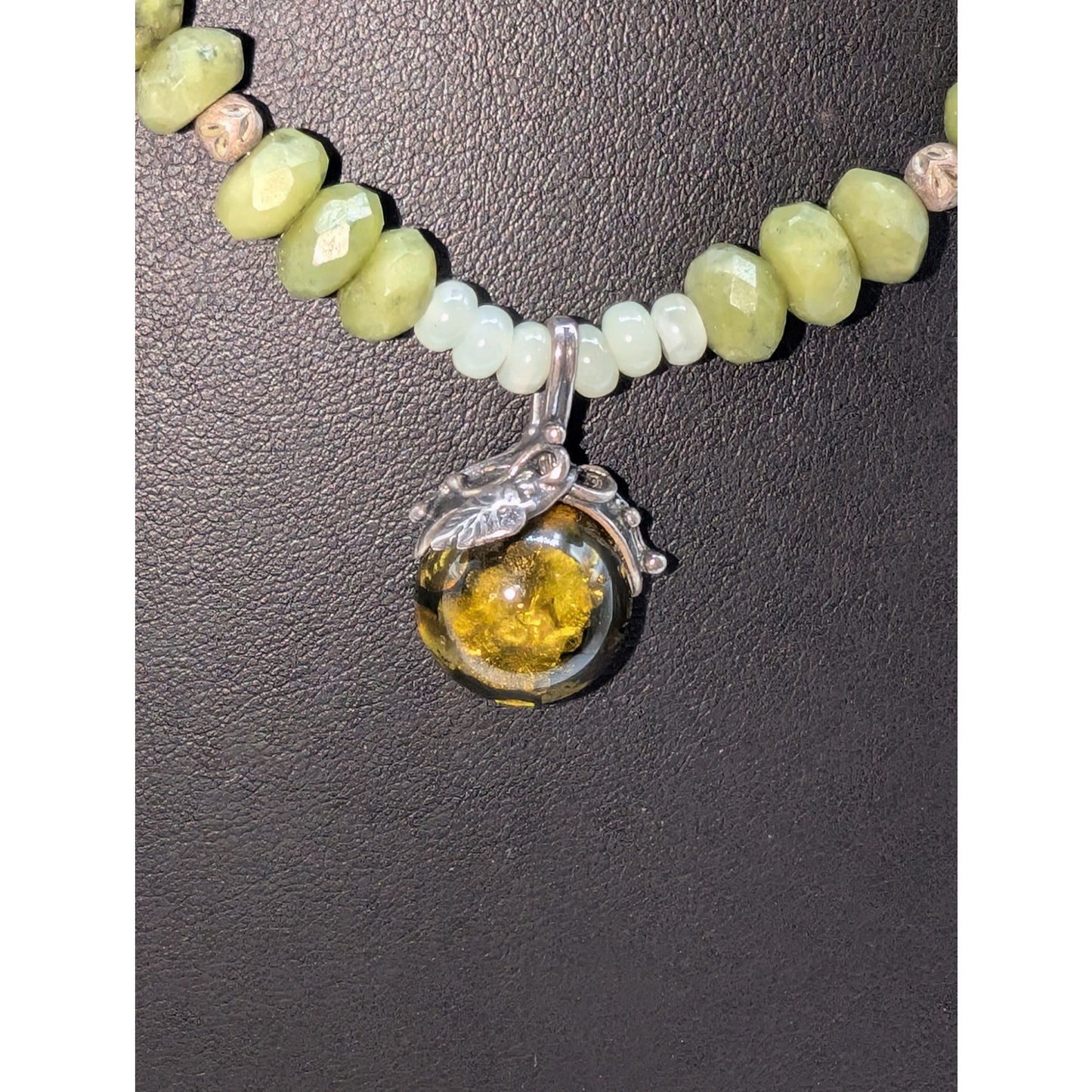 925 Sterling Silver Green Gemstone Bead Green Amber Pendant Necklace