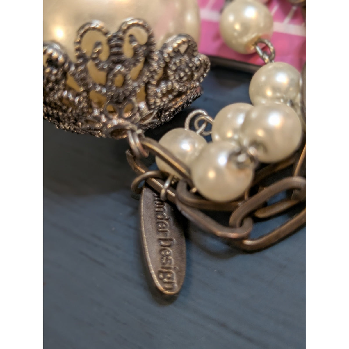 Plunder Design Layered Faux Pearl Antiqued Chain Bauble Charm 34" Necklace