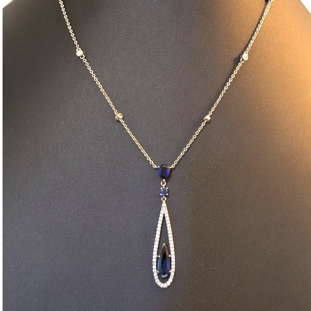 Carolee Faux Sapphire Silver Tone Linear Teardrop 19" Necklace