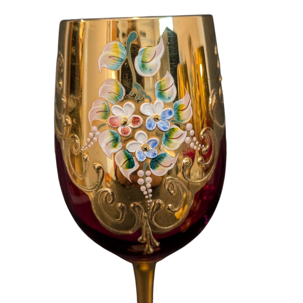 Vintage 50s Red Stemmed Wine Goblet Tre Fuochi Murano Italy Venetian Heavy Gilt