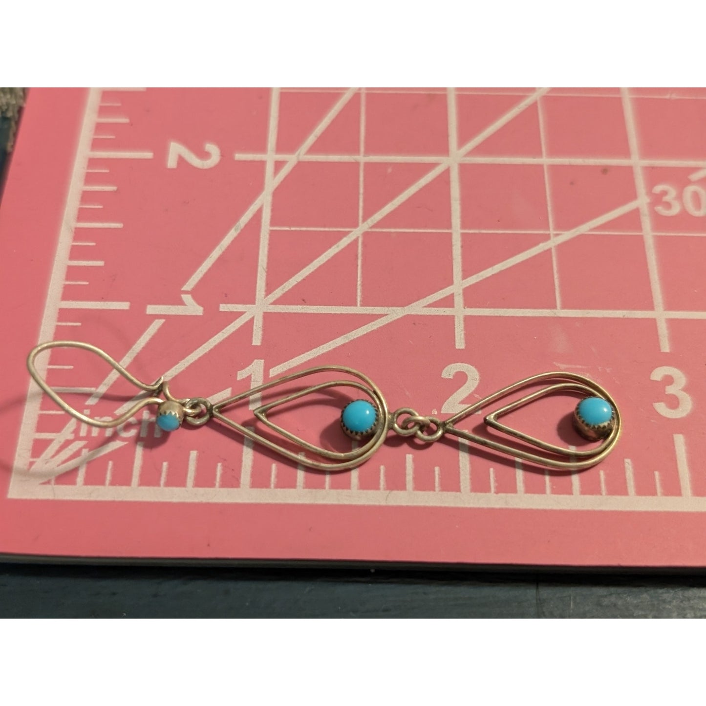 Vintage Petit Point Turquoise 925 Sterling Silver Dangle Kidney Wire Earrings