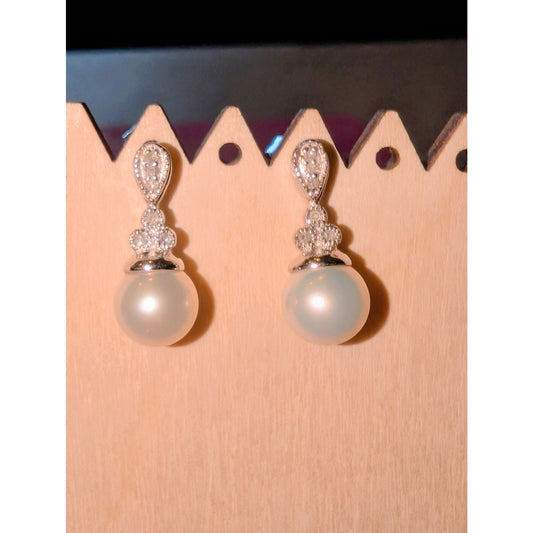 AFJC 925 Sterling Genuine Pearl White Sapphire Drop Earrings