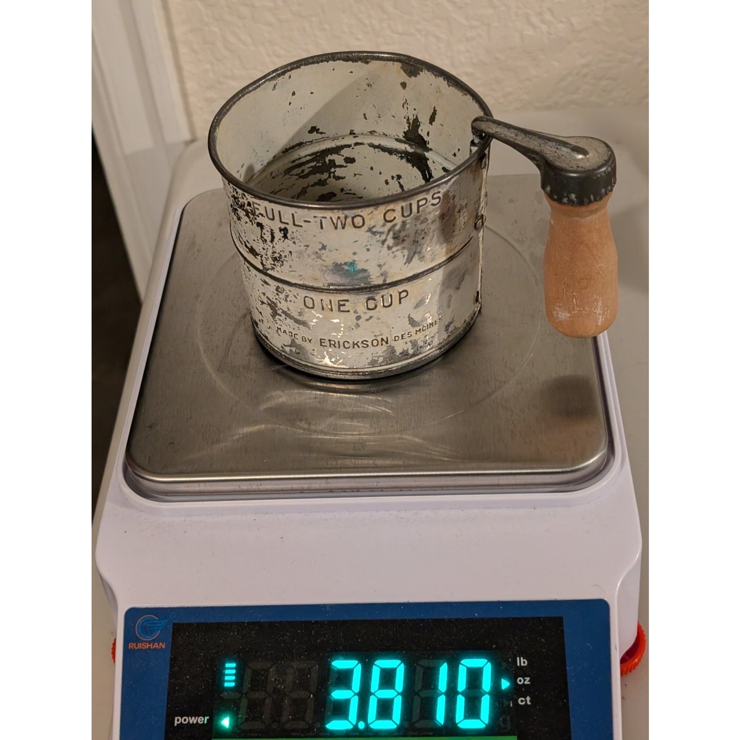 Vtg/Antique 1920's White Metal Erickson Advertising Flour Sifter Des Moines IA