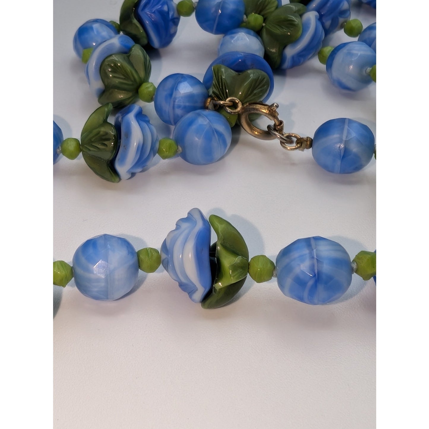 Vintage Art Deco Blue Green Slag Glass Flower Bead Long 50" Necklace