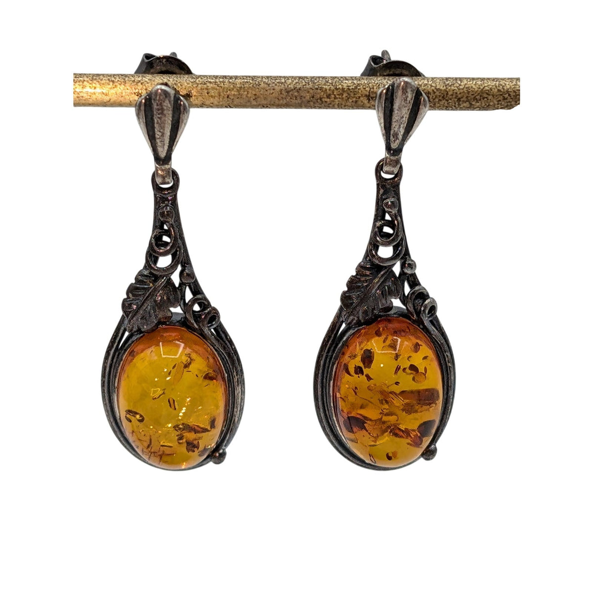 Vintage 925 Sterling Silver Leafy Vine Design Baltic Amber Dangle Drop Earrings