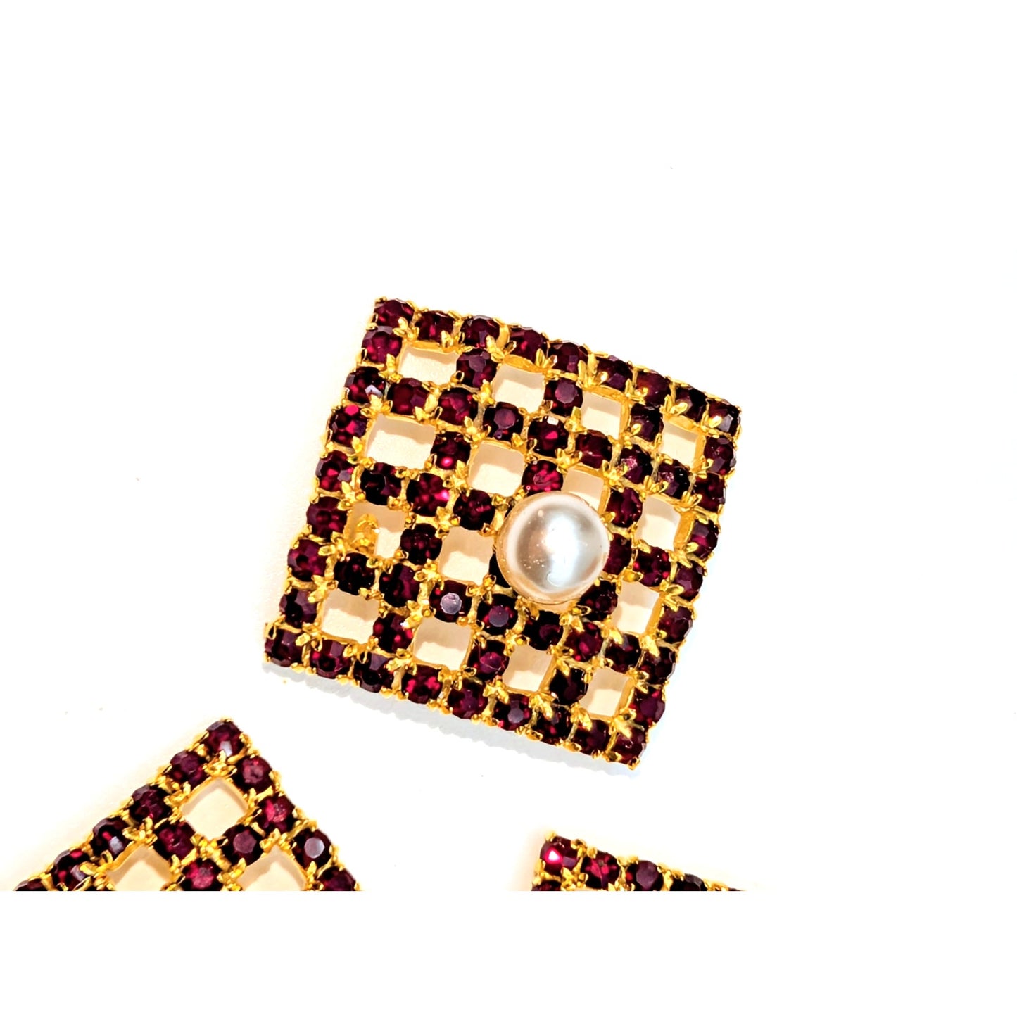 Lot of Three Vtg Gold Tone Red Crystal Lattice Square Floating Pearl Brooches