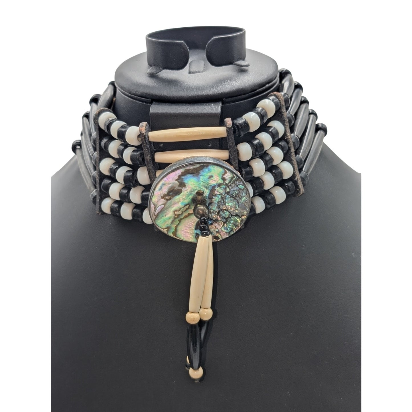 Native American Abalone Disc 5 Strand Bone Hairpipe & Glass Bead Leather Choker