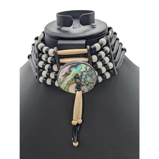 Native American Abalone Disc 5 Strand Bone Hairpipe & Glass Bead Leather Choker