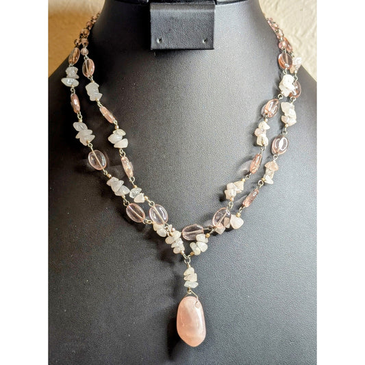 Robert Rose Pink Jadeite Quartz Chip Pink Glass Bead Double Strand Necklace