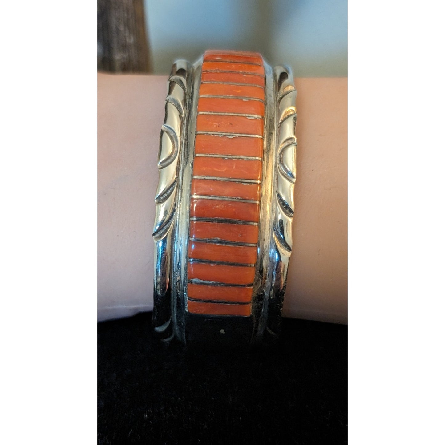 VTG Signed Zuni El Gasper Red Coral Inlay Sterling Silver Cuff Bracelet 44g