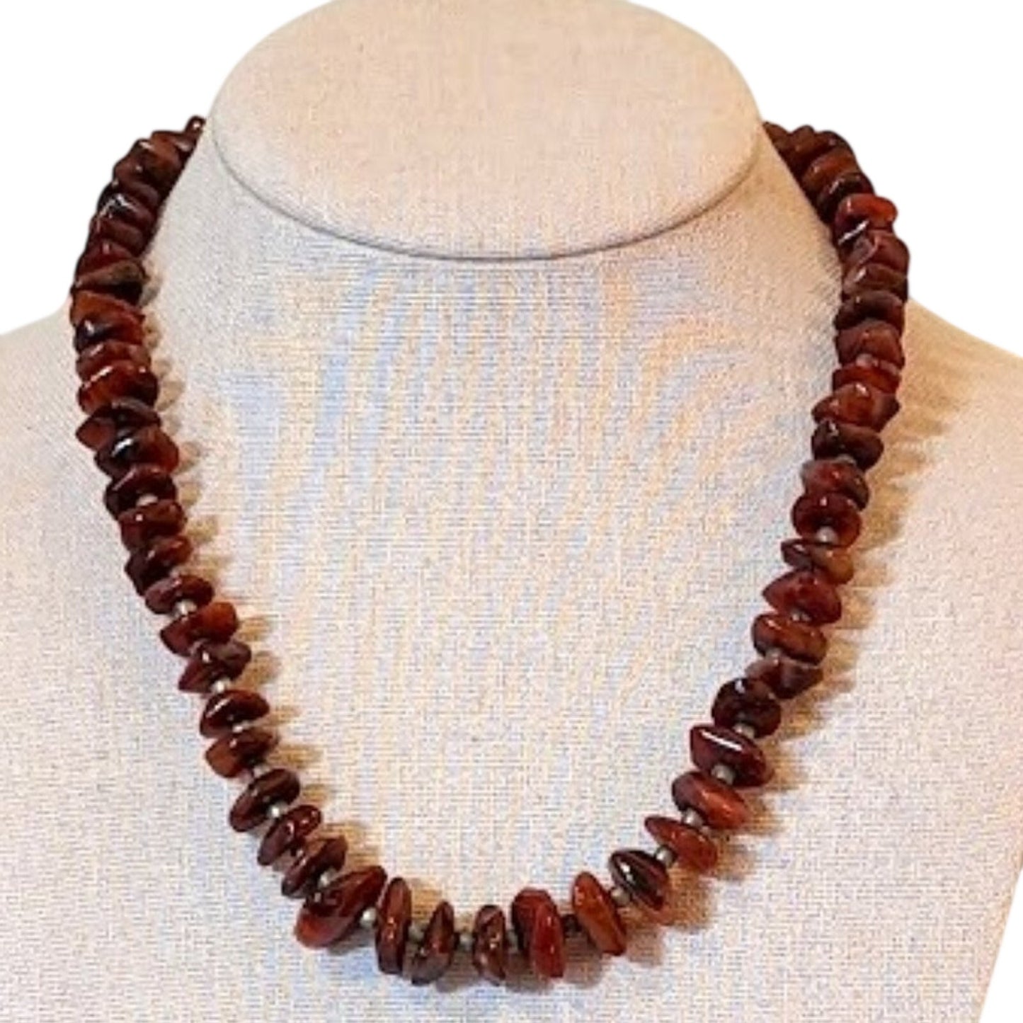 Vintage Red Brown Stone Beaded Chip Necklace with Brass Accents