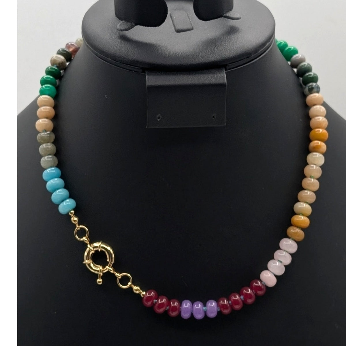 Colorful Natural Gemstone Hand-Knotted Bead 14K Gold Plated Clasp 18" Necklace