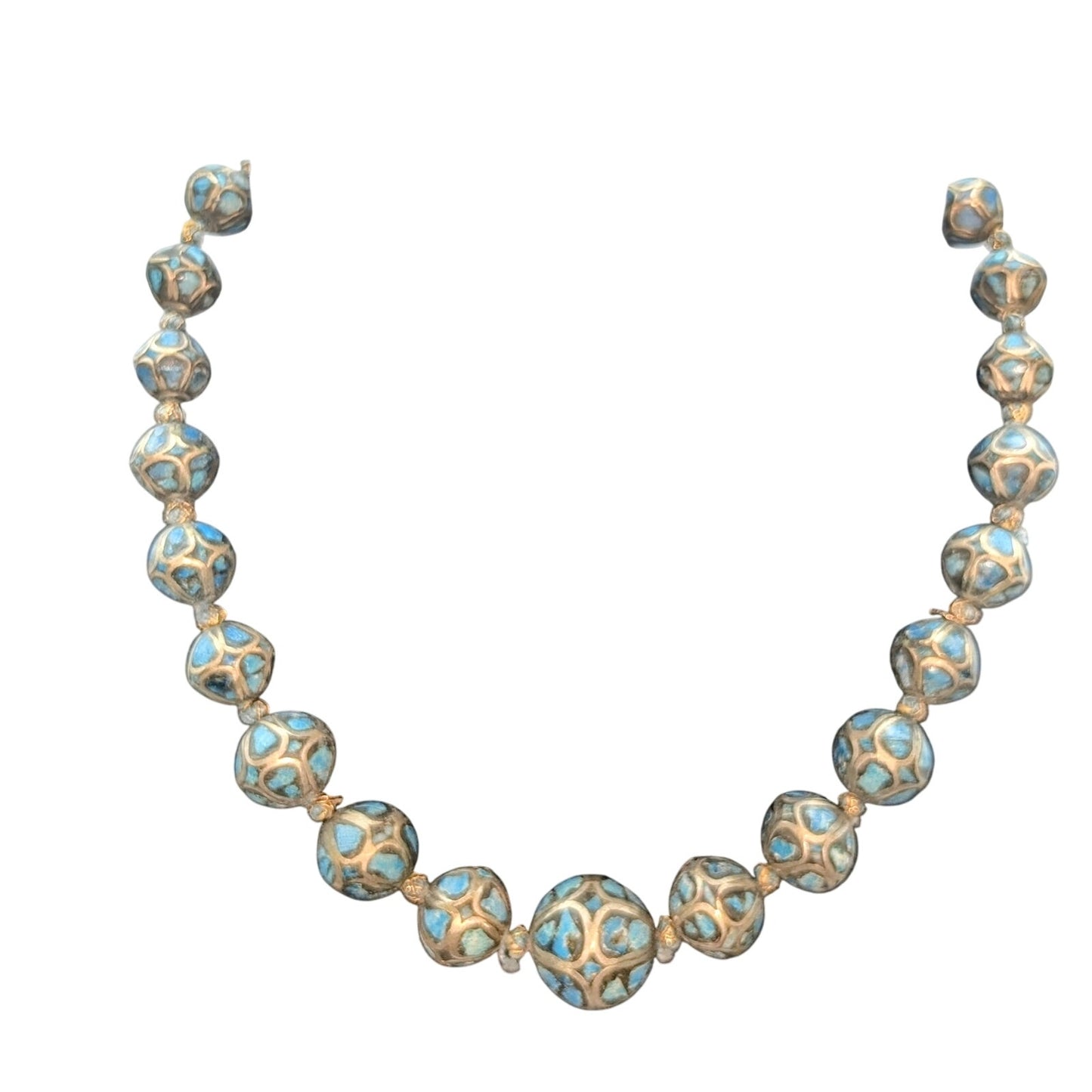 Antique Hand Made Ethnic Turquoise Inlay Non-Magnetic Graduated Bead Necklace