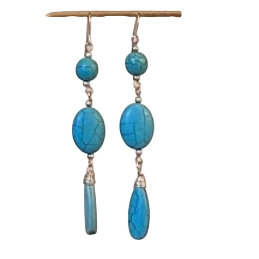 Three Stone Turquoise Dyed Howlite Stone Dangle Earrings