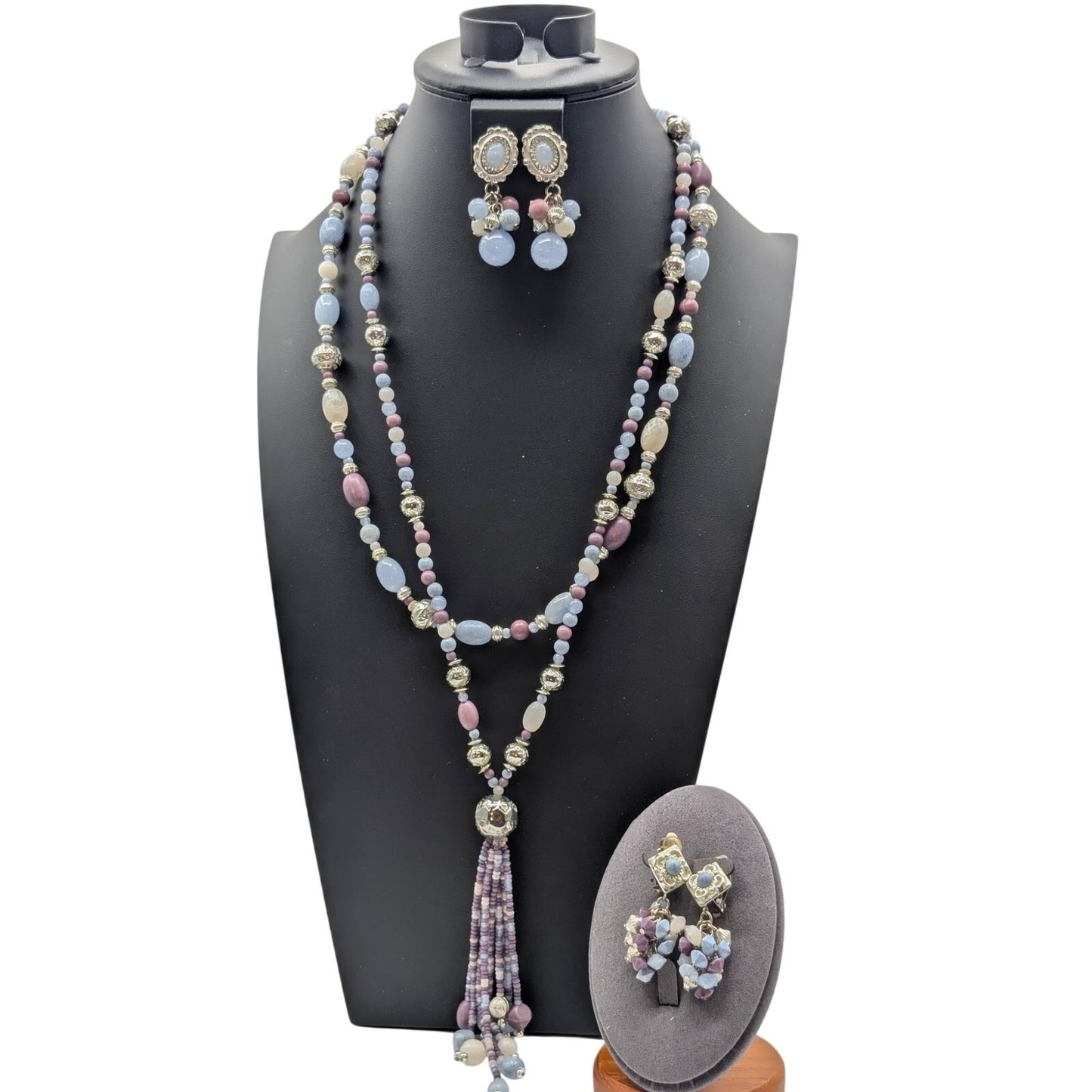 Mixed Lot of Two Blue Lavender Silver Tone Necklaces & Matching Clip On Earrings