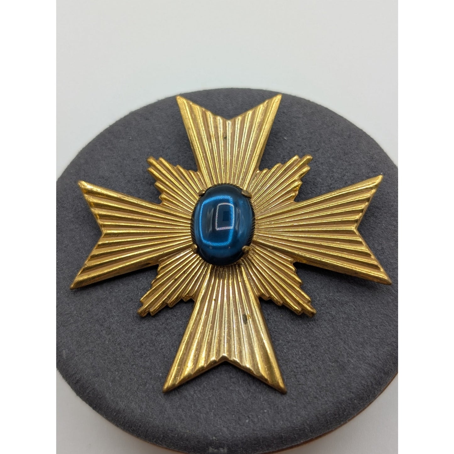 Rare Signed Vintage Miriam Haskell Gold Tone Blue Cabochon Maltese Cross Brooch