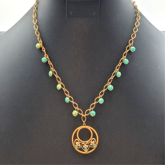 Premier Designs Gold Tone Never Ending Green Enamel & Crystal Pendant Necklace