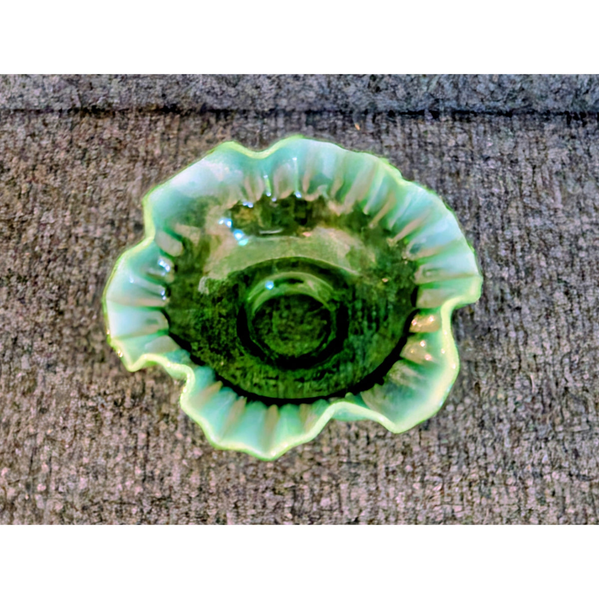Vintage Green Opalescent Ruffled Edge Fenton Art Glass Bowl -- Read Description