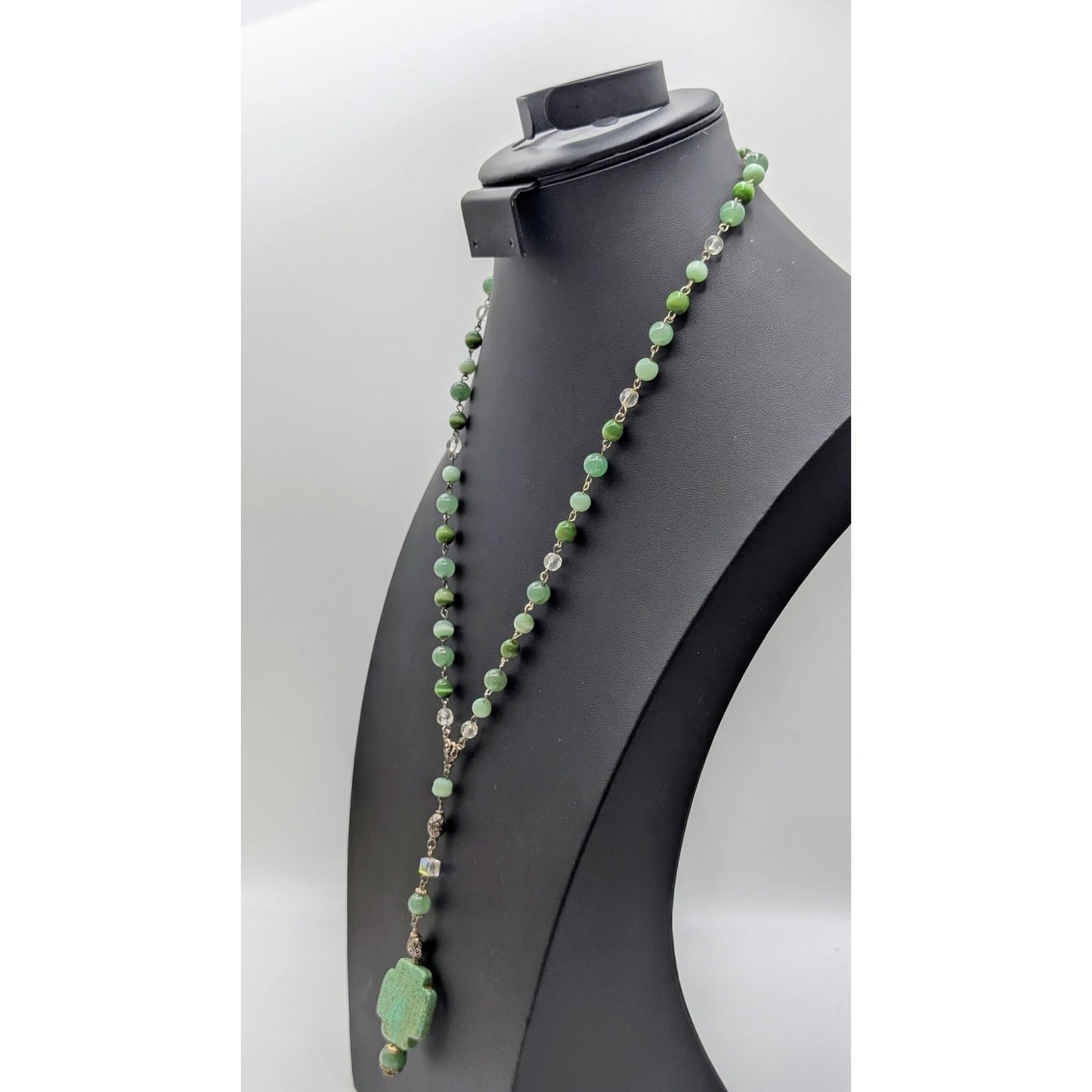 Green Stone Cat's Eye Crystal Bead Rosary Style Chain Y-Drop Toggle 23" Necklace