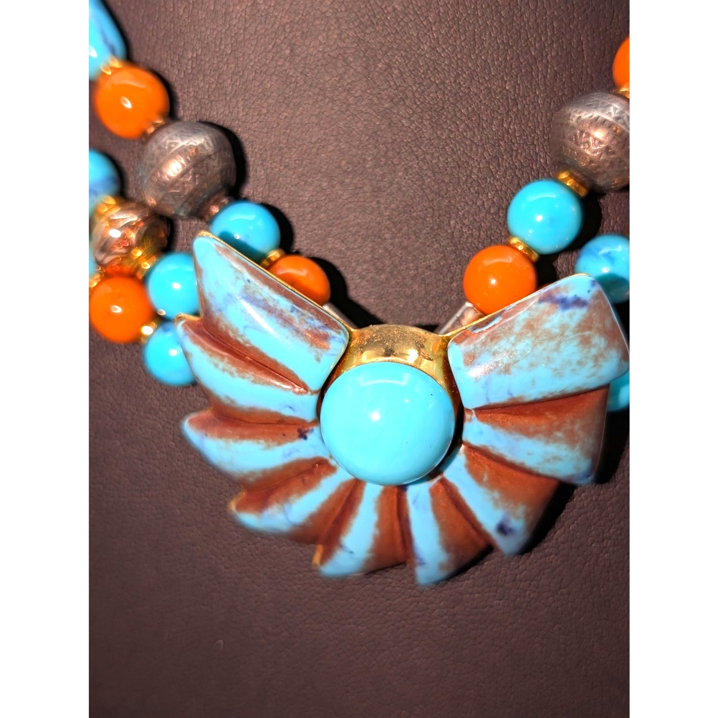 Vintage Three Strand Aqua Brick Gold Tone & Silver Tone Beaded Pendant Necklace