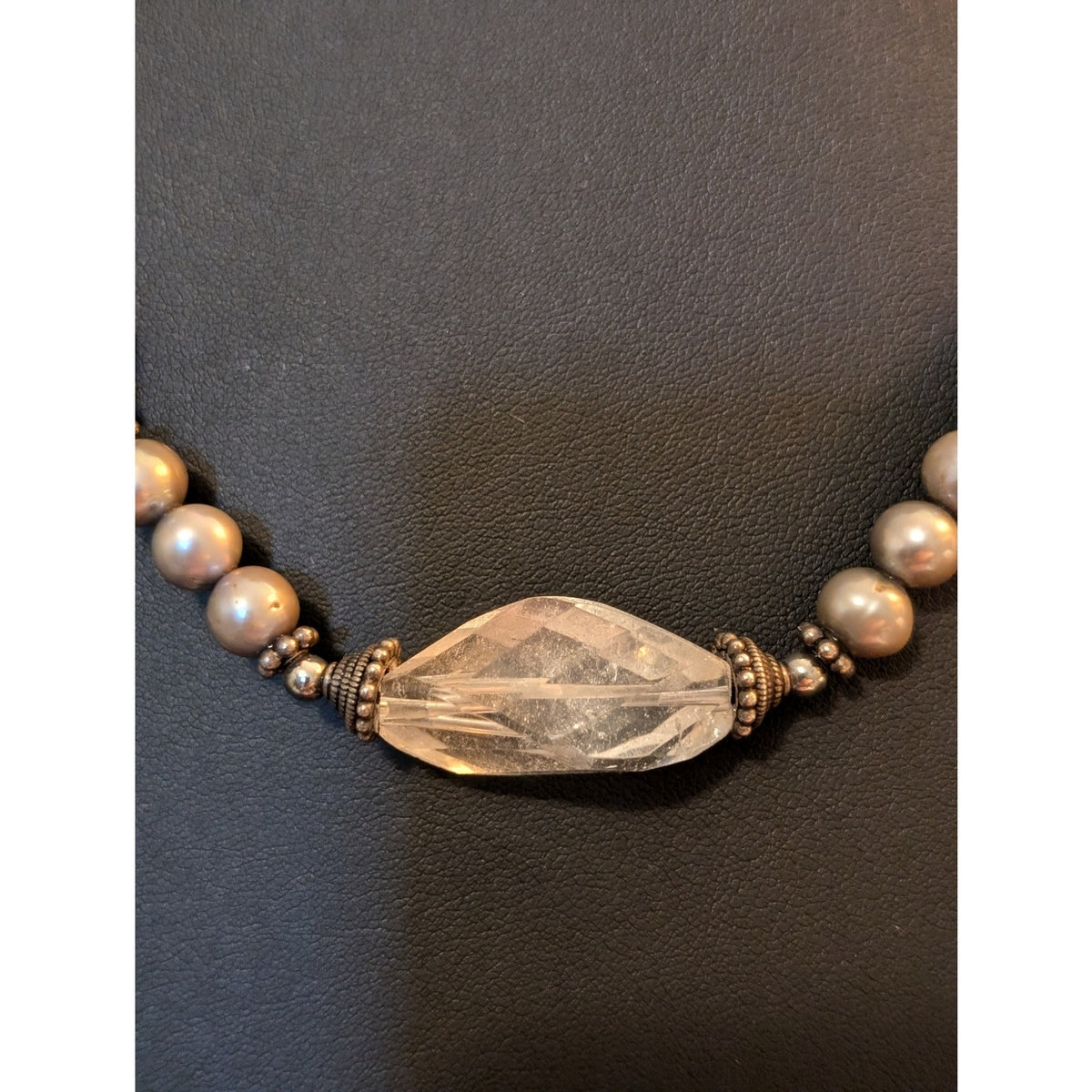 Vintage to Antique Sterling Silver Pearl Rock Quartz Abalone Shell Bead Necklace